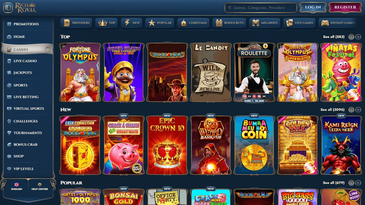 Rich Royal Casino games view on desktop