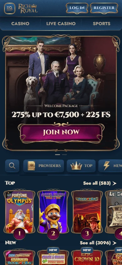 Rich Royal Casino home view on a mobile browser