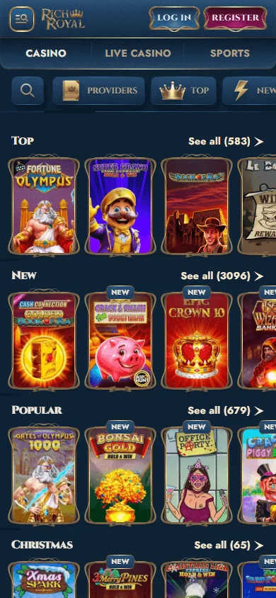 Rich Royal Casino games view on a mobile browser