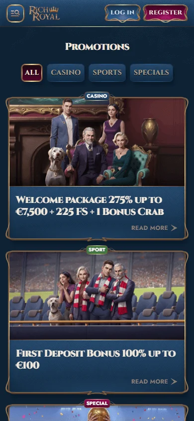 Rich Royal Casino promotions view on a mobile browser